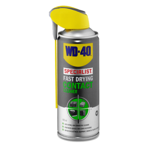 WD-40 Specialist Fast Drying Contact Cleaner 400 ml Our Fast Drying Contact Cleaner is a non conductive spray that is suitable for use on all sensitive electrical components. It provides excellent cleaning with minimal fuss, and removes dirt, dust, condensation and flux residue with ease. Simply spray on and allow the product to dry before powering up. Our fast drying electrical contact cleaner spray is ideal for use on circuit boards, switches, even spark plugs and tape heads. It will remove all the contaminants that cause current leakage and component failure. In damp conditions it can help chase away condensation for better, more efficient electrical contact, such as in spark plugs and electrical connections in cars. You can safely use Fast Drying Contact Cleaner on plastics, rubber and metal for superior cleaning.
